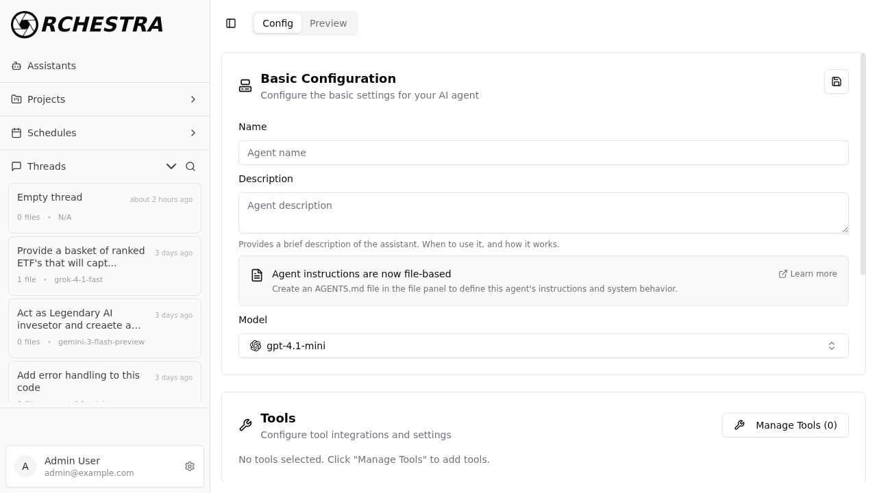 Agent create form showing the AGENTS.md guidance note