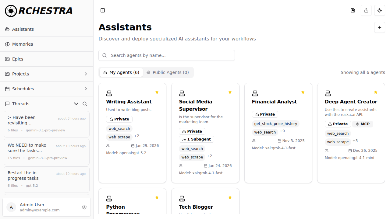Assistants list view showing agent cards with tools and model info