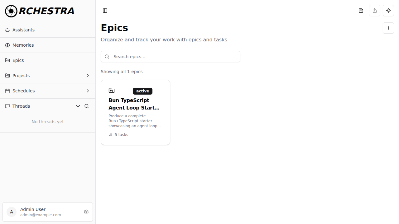 Epics grid view with search and epic cards