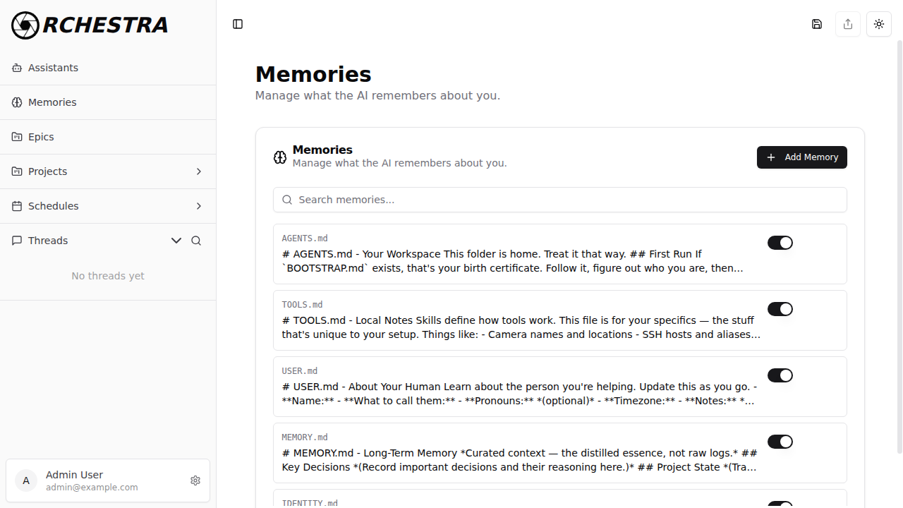 Memories list view showing memory cards with toggle, edit, and delete controls