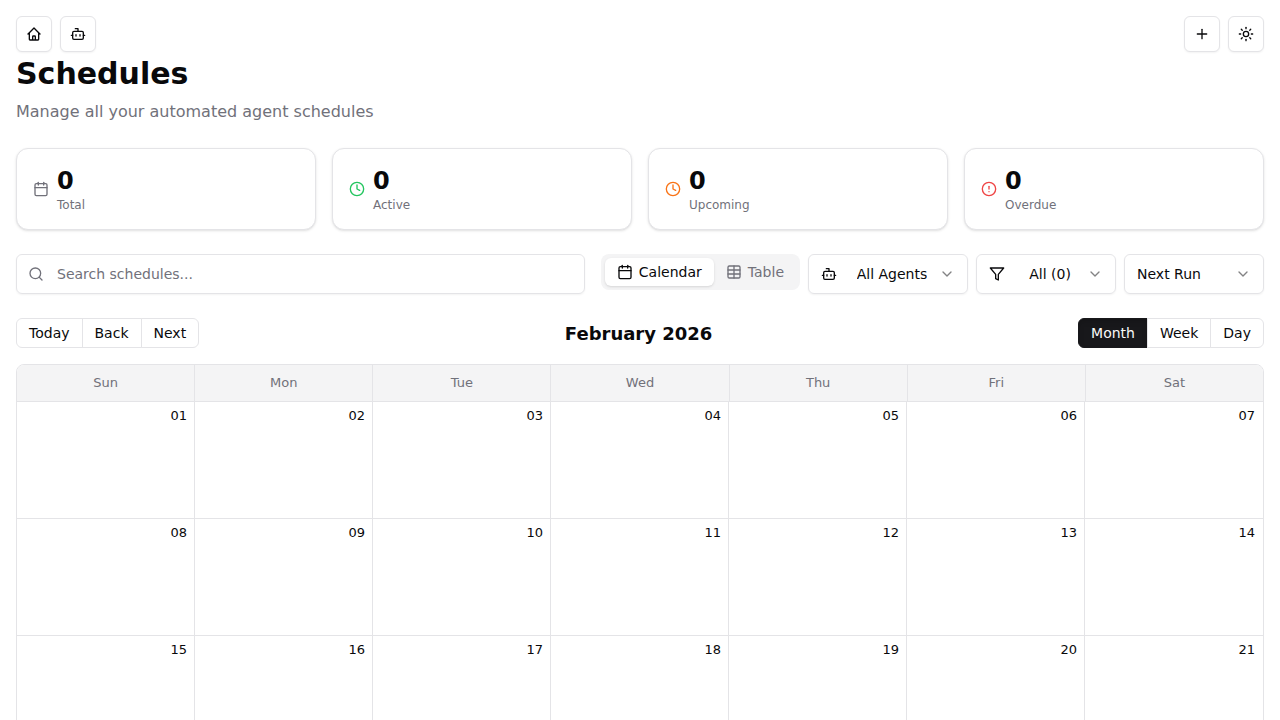 Schedules calendar view with status cards and month navigation