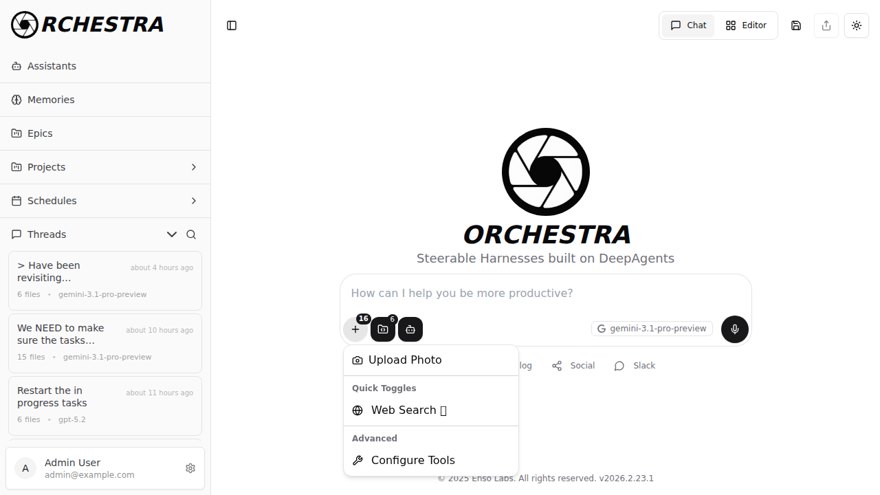 Tools menu with upload, web search, and configure options