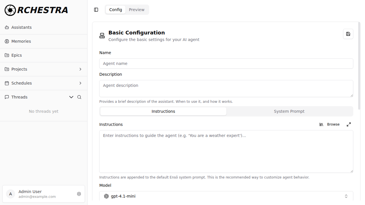 Create assistant form with name, description, instructions, and model fields