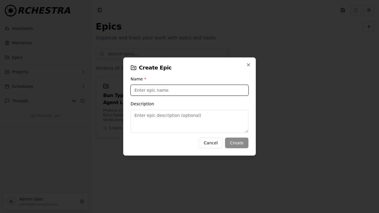 Create Epic dialog with name and description fields