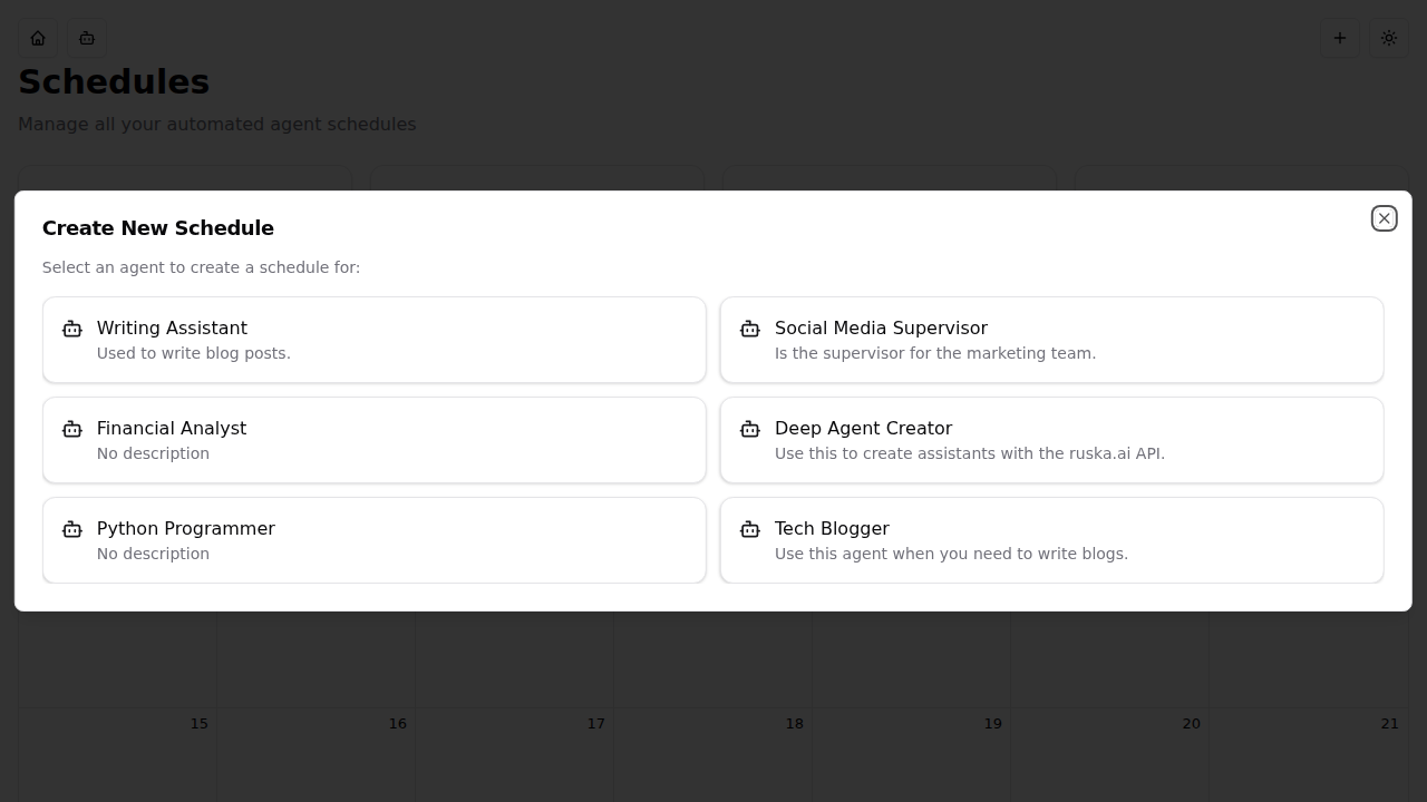 Select an agent dialog showing available assistants for scheduling