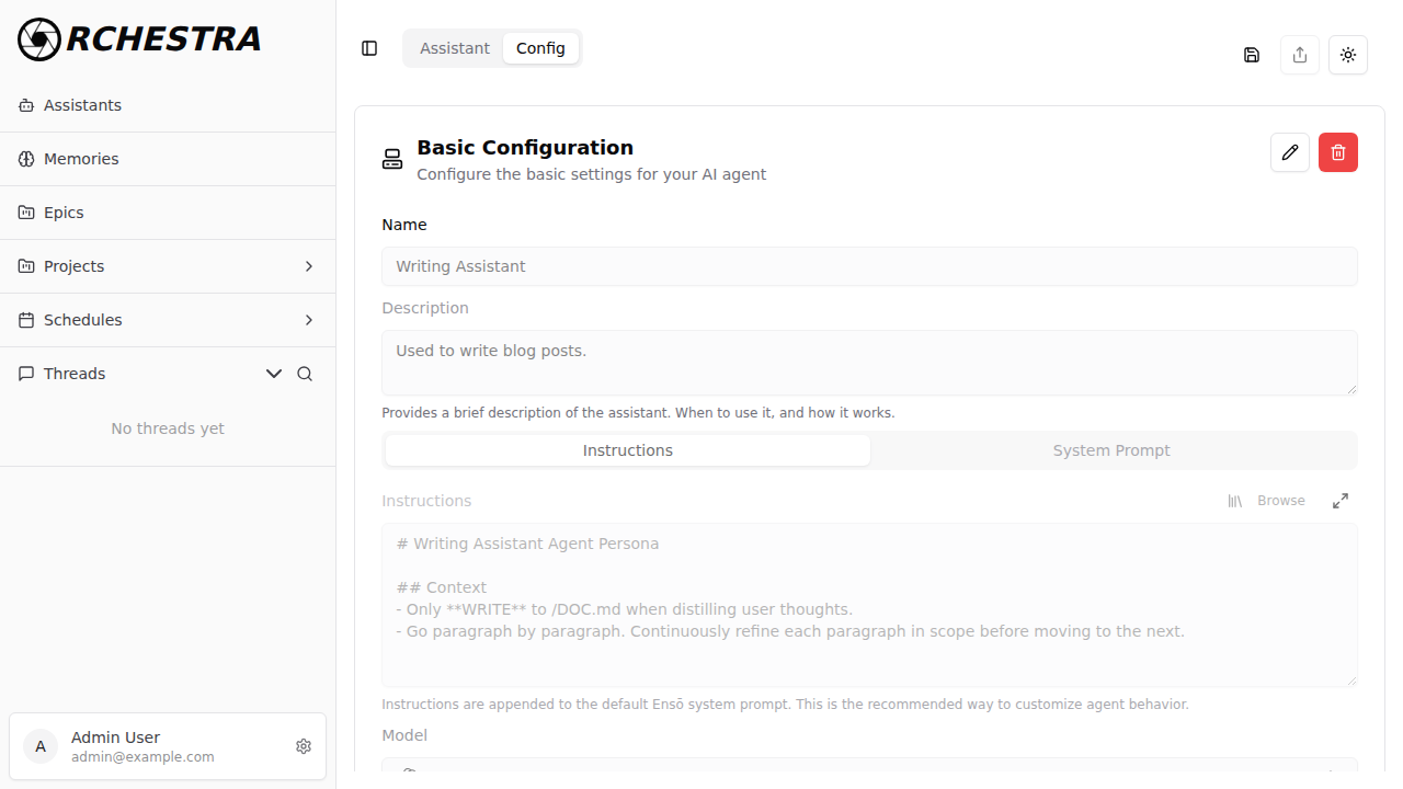 Assistant configuration showing name, description, and instructions