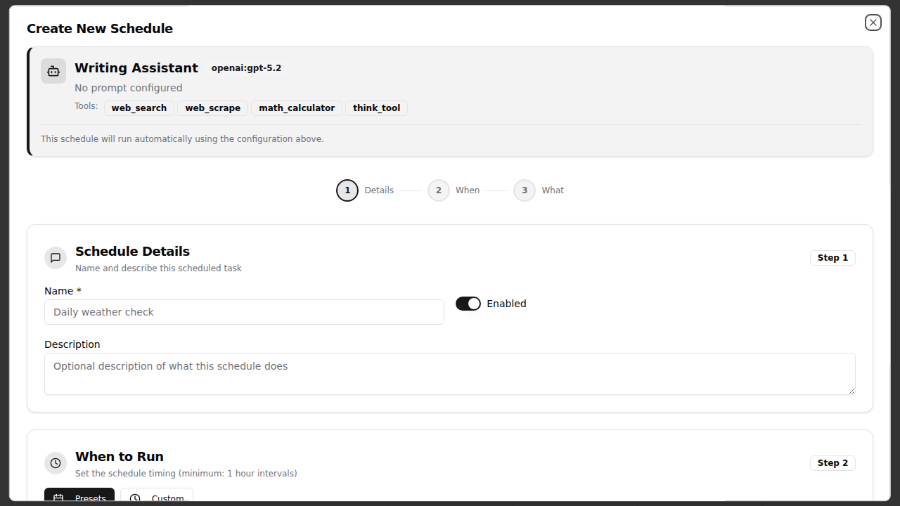Schedule creation form with Details, When, and What steps