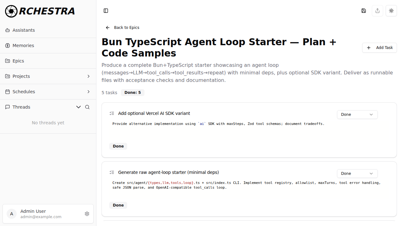 Epic detail view with task list and status indicators