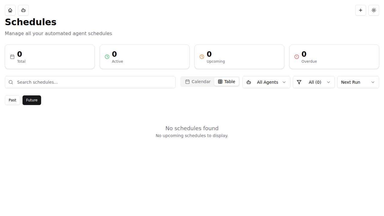 Table view with Past/Future toggle and filter controls