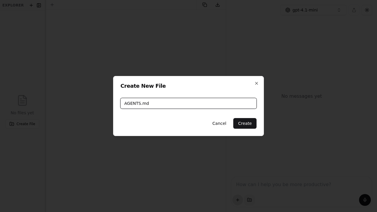 Create New File dialog with AGENTS.md