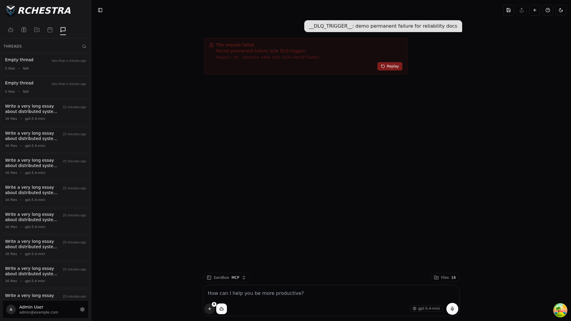 A failed run shows an error card with the failure reason, a Request ID, and a Replay button